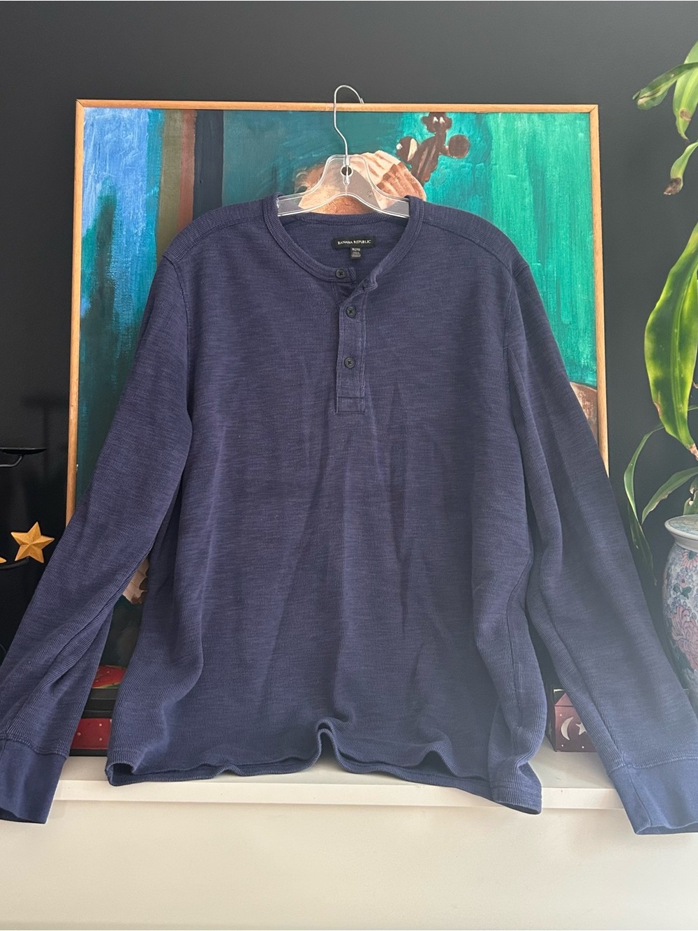 Banana Republic Navy Blue Waffle Knit Henley Long Sleeve Shirt XL